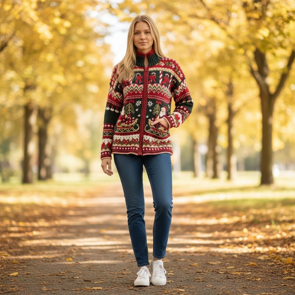 Carolina Color Festive Red and Green Embroidery Knit Heavy Cardigan Sweater XL